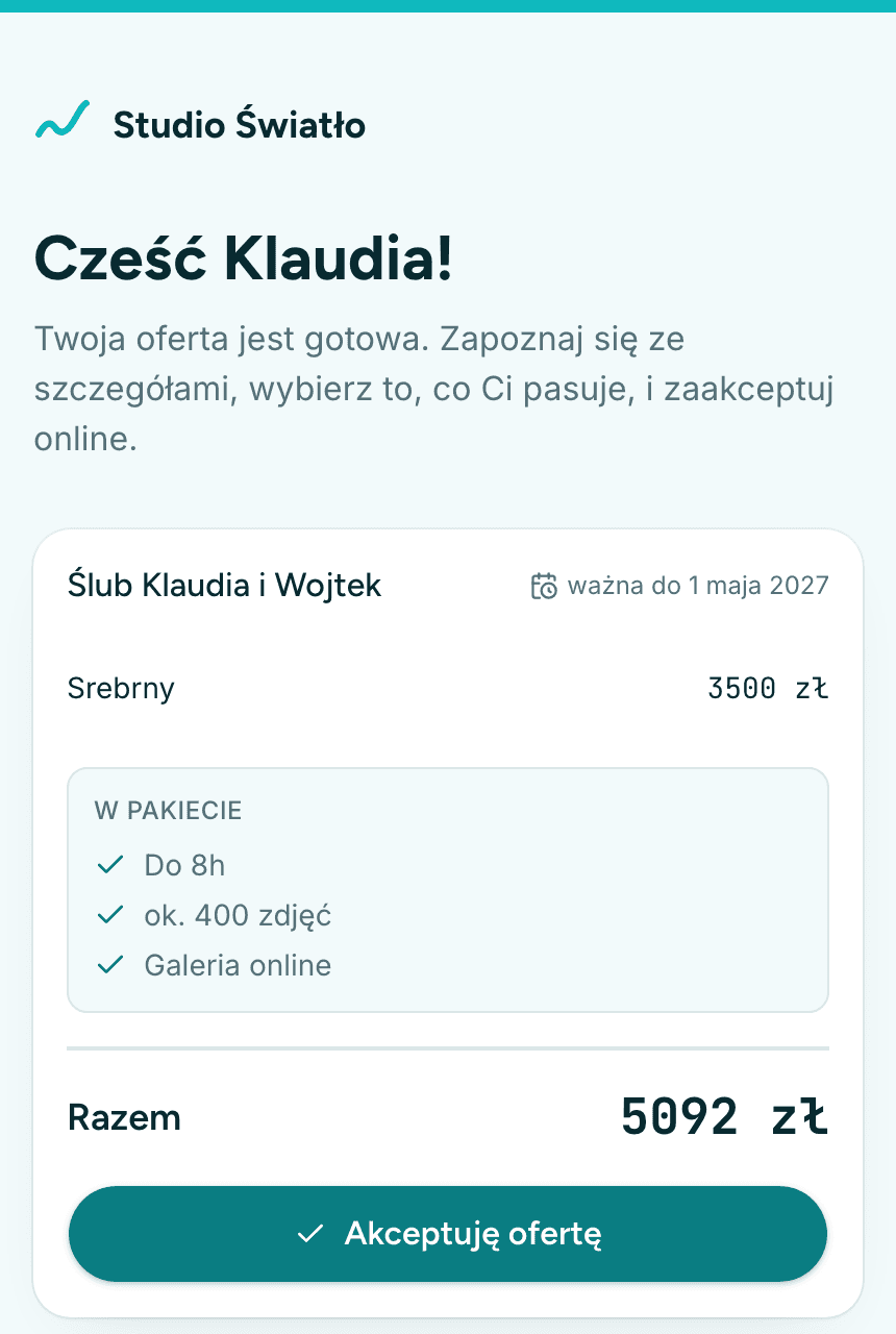 Klient ogląda i akceptuje bez zakładania konta.